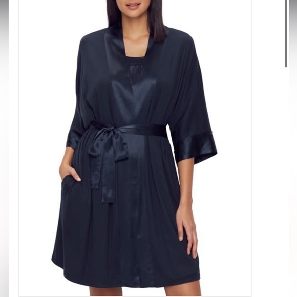 PJ Harlow Shala Knit Black Supima Cotton Blend Robe with Pockets & Satin Trim - Picture 2 of 12